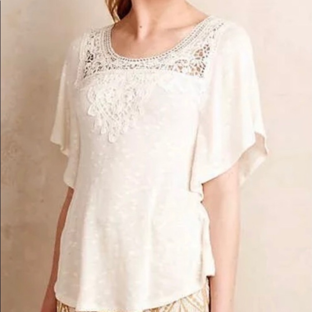 Anthropologie Cream Lace Yoke Flutter Sleeve Top